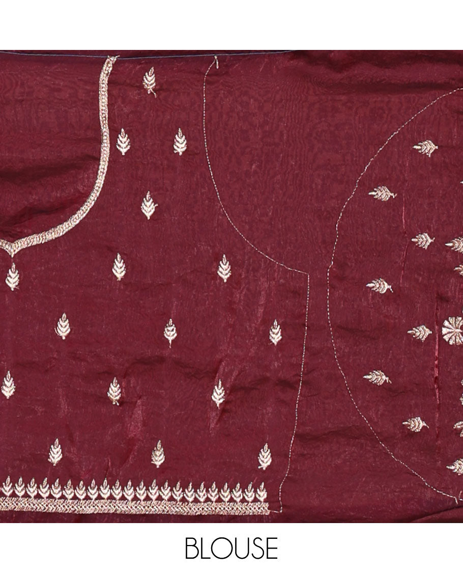 Wine half-saree, floral and bird motifs embroidered velvet organza top, matching embroidered blouse, and contrast scallop embroidered syska georgette dhavani