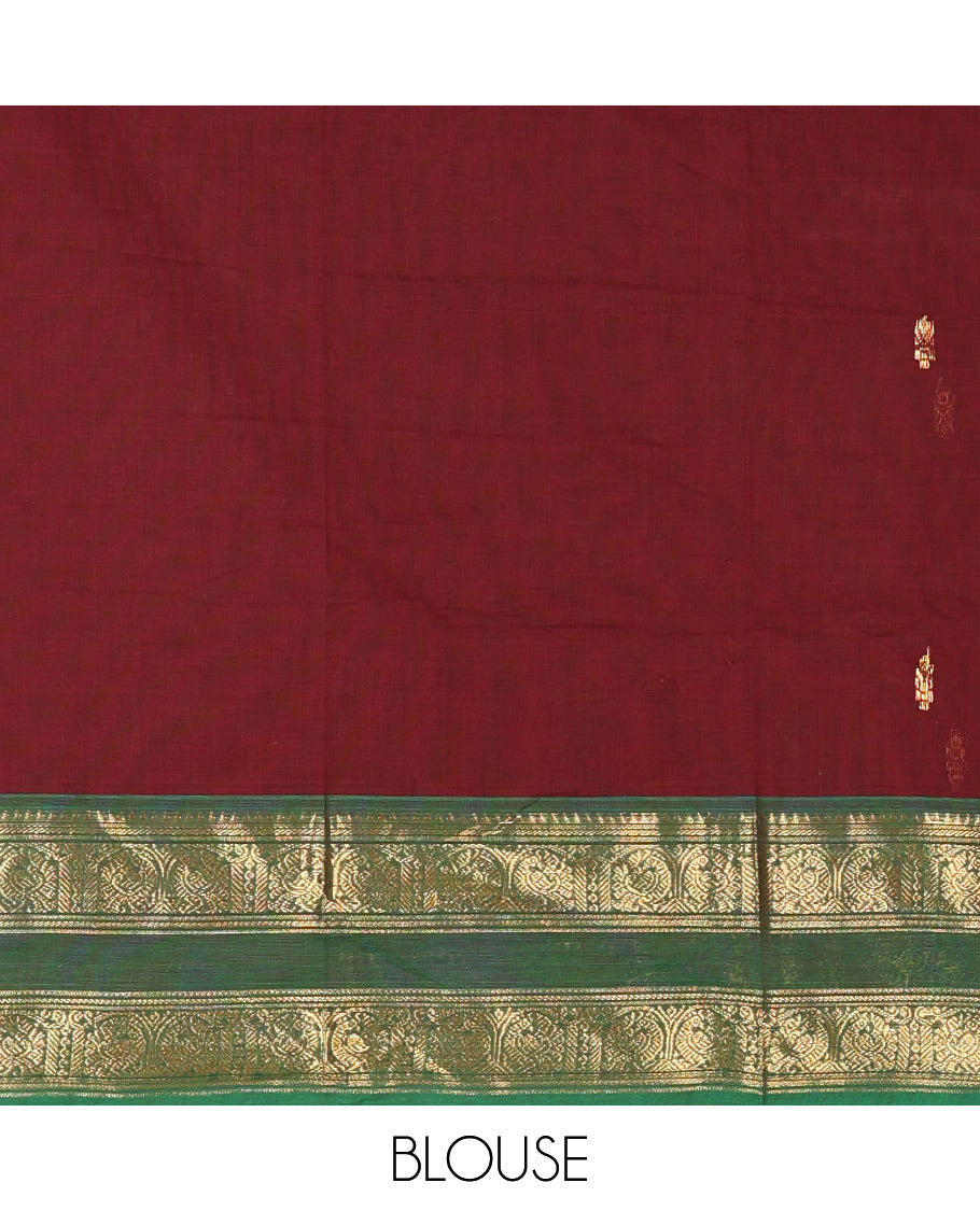 Maroon and Green Chettinad Cotton Half-Saree Featuring Buttas Woven Skirt, Highlighted with a Contrast Rettai Pettu Peacock Motifs Woven Zari Border, a Subtly Woven Matching Blouse, and a Vichitra Silk Contrast Traditional Zari-Bordered Dhavani