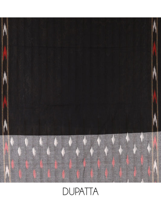 Grey material chudidar set, unique motifs pure cotton pochampally ikkat top, contrast bottom & ikkat design pure dual-color cotton dupatta