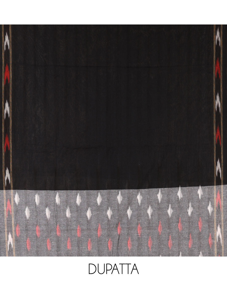 Grey material chudidar set, unique motifs pure cotton pochampally ikkat top, contrast bottom & ikkat design pure dual-color cotton dupatta