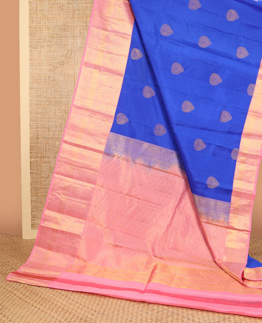 Blue leaf buttas silk saree with contrast intricate zari design border & floral zari design pallu
