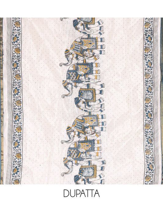 Blue Material Churidar Set, Embellished with Zari Checked Semi-Silk Top, Comes with a Contrast Plain Soft Cotton Bottom, and a Contrast Semi-Silk Dupatta, Pictures a Herd of Elephants