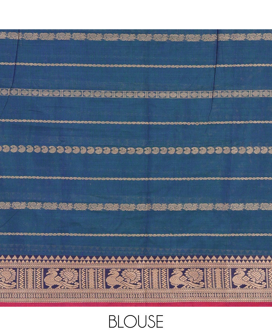 Peacock blue-magenta mercerised cotton half-saree, traditional design resham thread skirt, matching traditional design blouse & contrast syska georgette dhavani