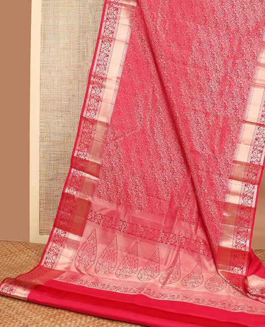 Red floral jaal design kancheepuram silk saree with self border of intricate zari design border & floral design pallu