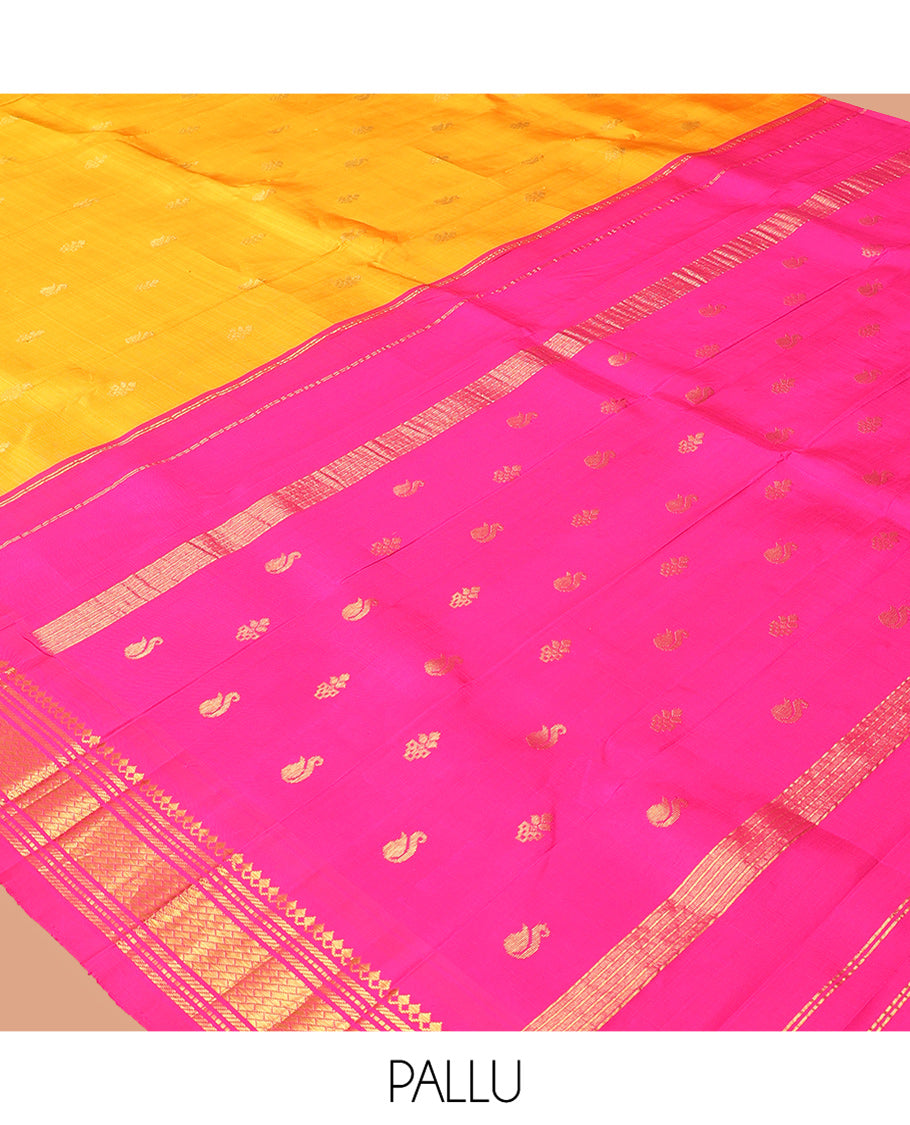 Orange Zari Buttas Kanchipuram Silk Saree, Complemented by a Contrast Korvai Border of Panner Sombu, Muthu, Banaras, and Geometric Design, Pallu of Zari Design, and No Blouse