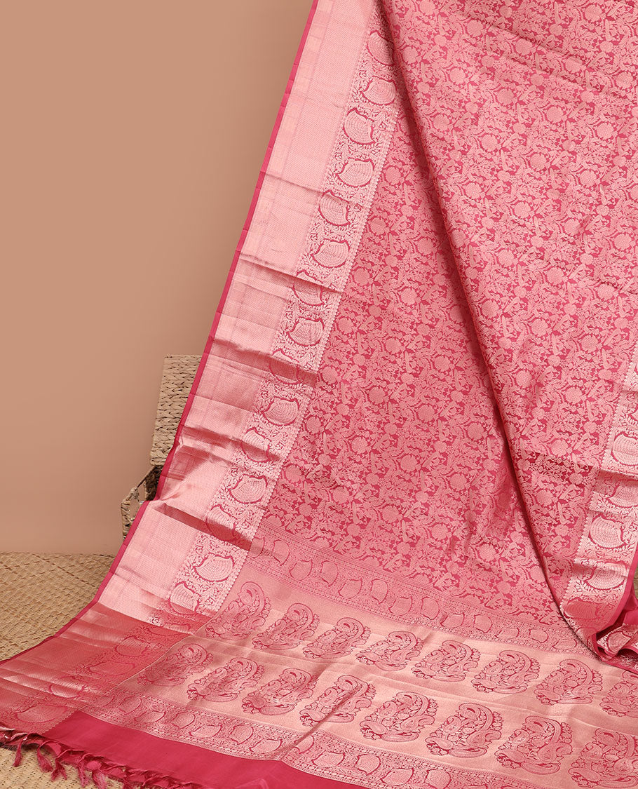 Red floral jacquard kancheepuram silk saree with self-border of thilakam mokku, muthu, kuyil kann design & zari design pallu