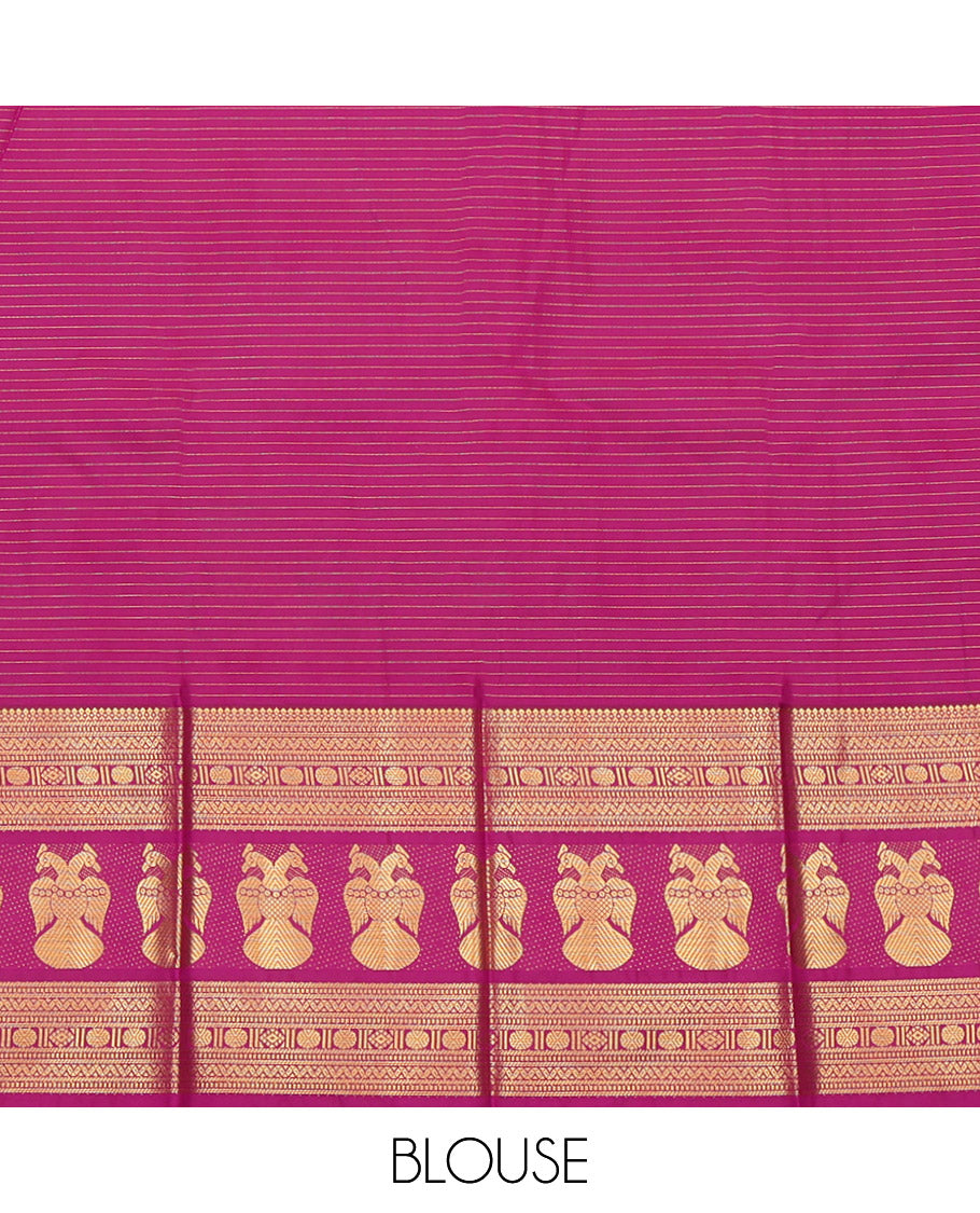 Yellow Budget Silk Saree, Highlighted by Horse-Buttas and Stripes, a Contrast  Iruthalai Pakshi Zari Border, a Jaal Pallu and a Contrast Blouse