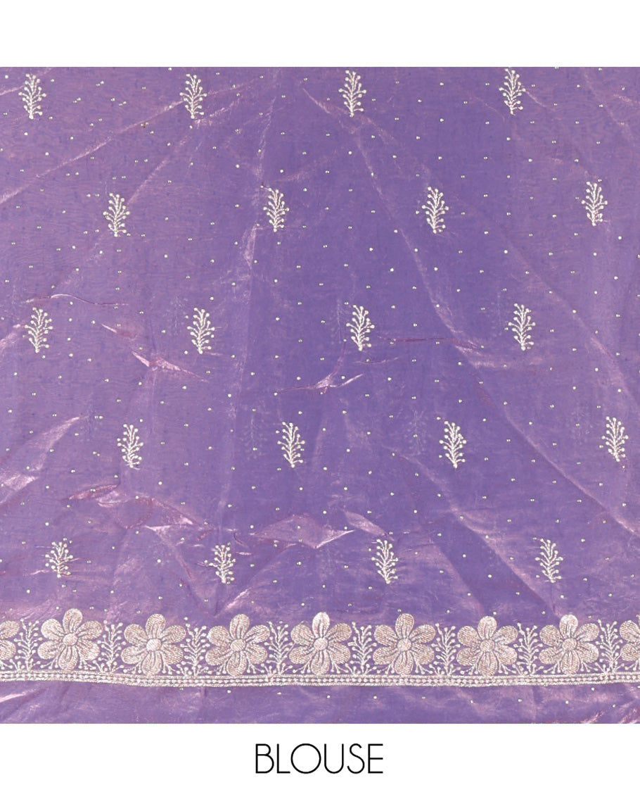 Lavender Fendi Organza Half-Saree Set, Features Floral Embroidered Skirt, Matching Blouse, Embroidered Dupatta