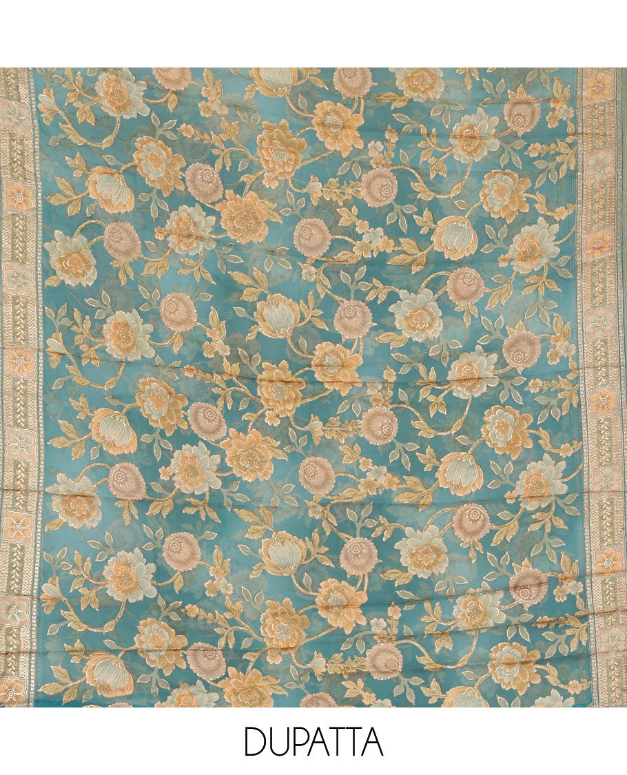 Ramar green material chudidar set, plain with neck work vichitra silk top, cotton bottom & baraso floral printed dupatta