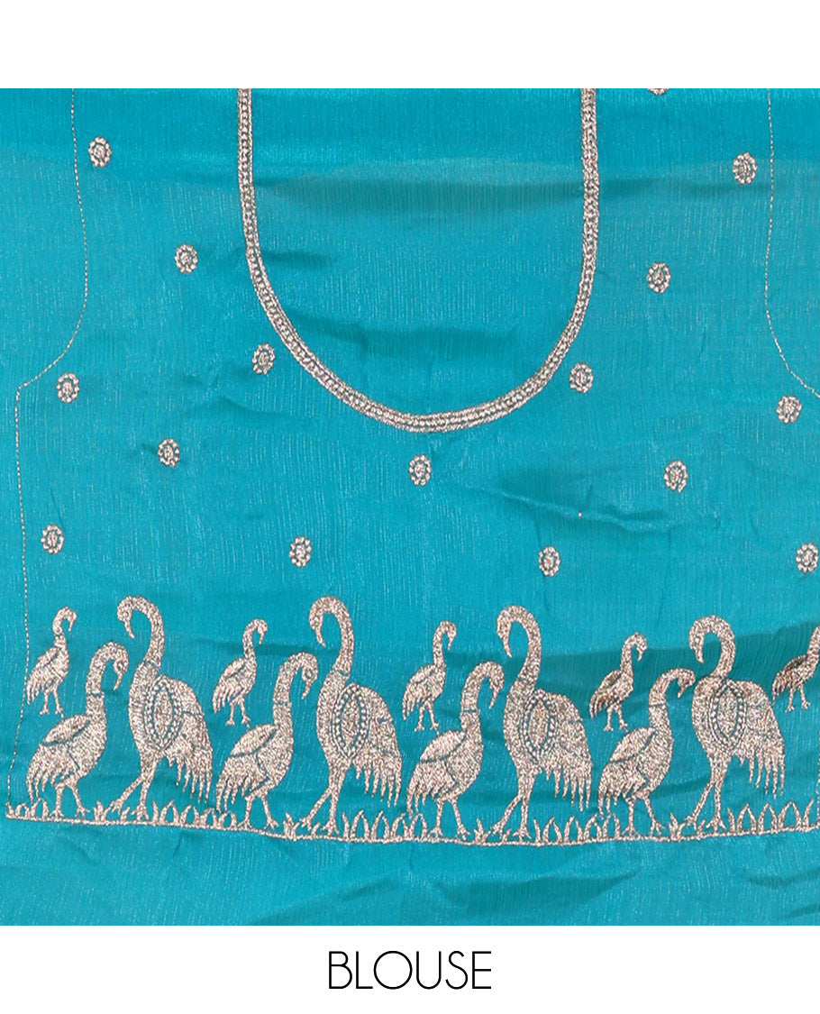 Rama Green Half-Saree Set, Gracefully Embellished with Stone Work and Bird Motifs Embroidery on Its Satin Georgette Skirt, Highlighted by Embroidered Border, Paired with a Matching Blouse, and Comes with a Contrast Scallop Stone Work Dupatta