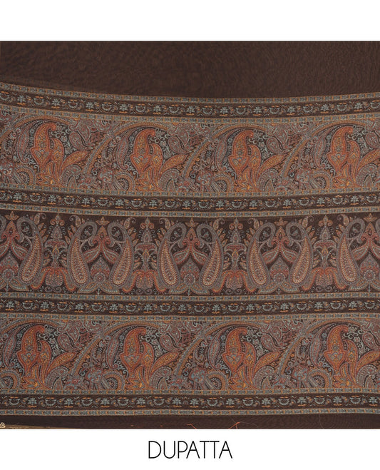 Light rama Italian crepe material chudidar set, paisley printed top, plain bottom, and floral-paisley printed georgrette dupatta