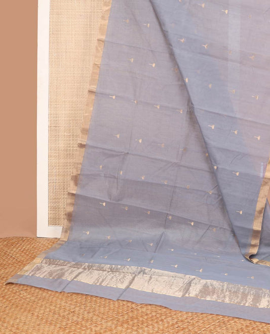 Grey floral motifs chanderi cotton saree with contrast border & striped pallu