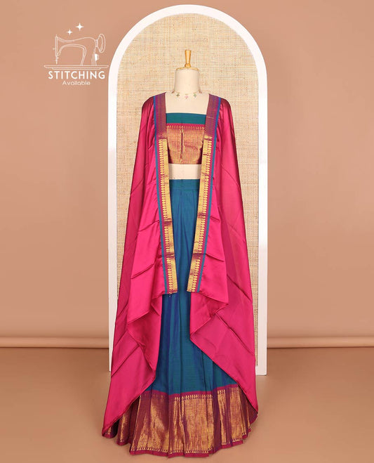 Blue mercerised cotton daman zari border  half saree with mercerised cotton blouse & skya georgette one side zari border work