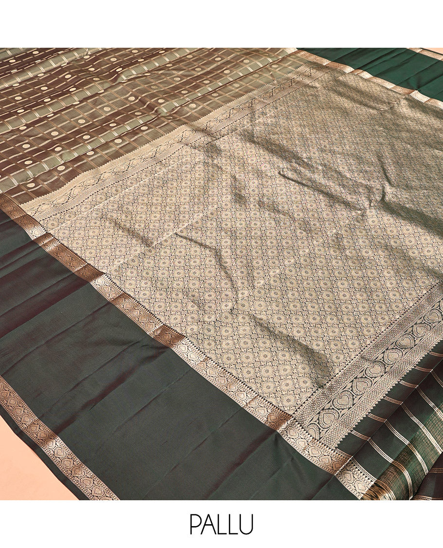 Grey Kanchipuram Silk Saree, Embellished with Butta Enclosed Checks, a Contrast Traditional Rettai Pettu Border, Grand Pallu, and a Contrast Blouse