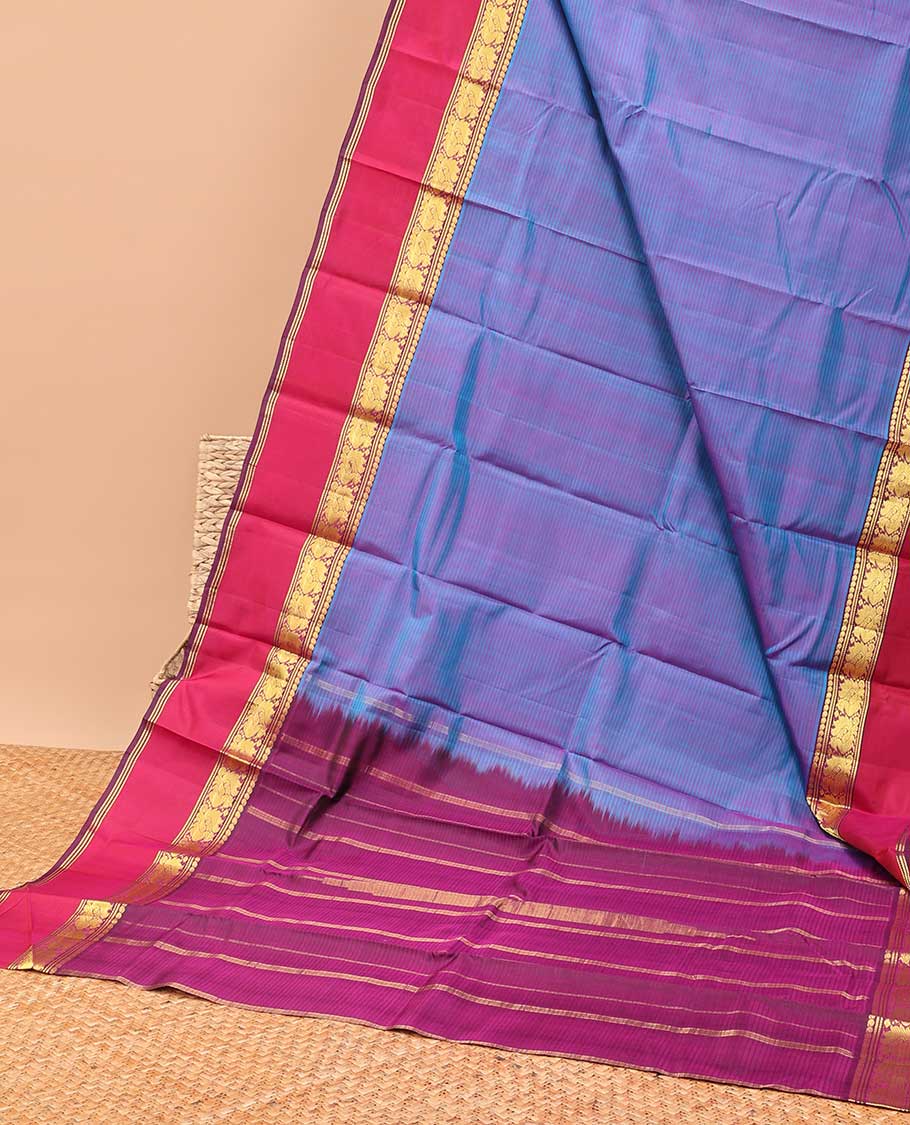 Purple striped kancheepuram silk saree with contrast border of intricate zari design & striped pallu