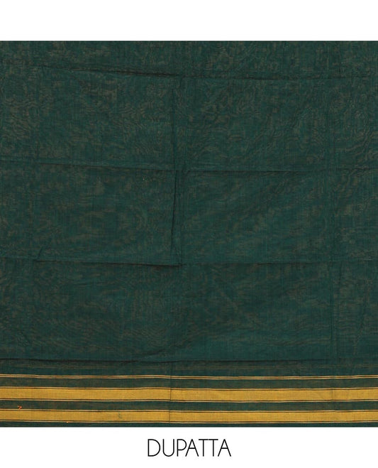 Green mercerized cotton material chudidar set,plain contrast traditional rudraksham border top,matching bottom & 2-sided rudraksham border dupatta
