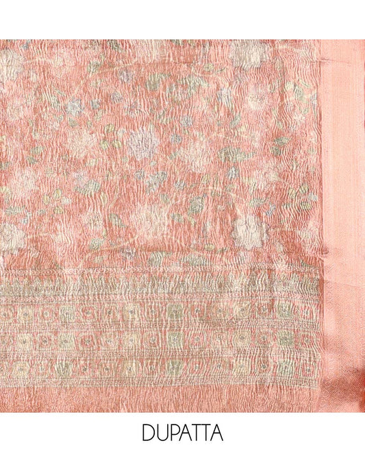 Red material chudidhar set, jacquard & embroidery top, plain bottom & floral print dupatta