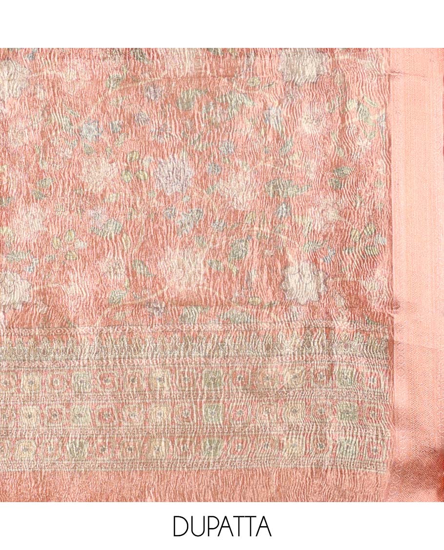 Red material chudidhar set, jacquard & embroidery top, plain bottom & floral print dupatta
