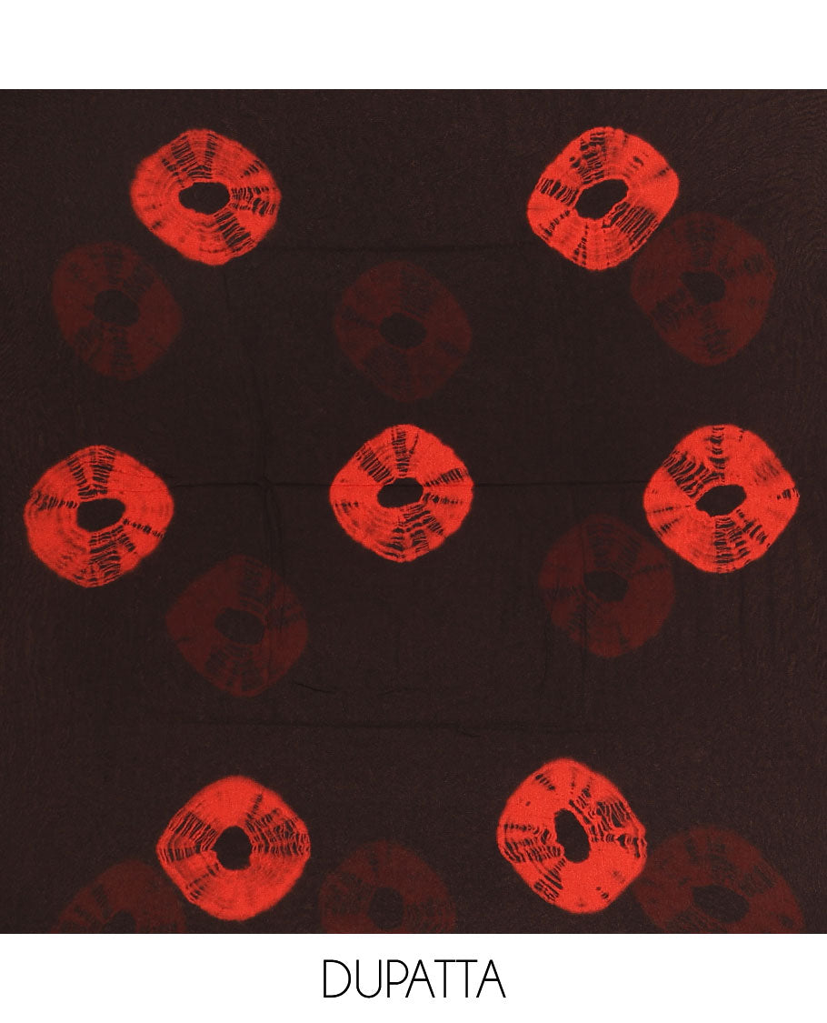 Black and red viscose georgette material churidar set, big bandhani dots printed top, plain bottom, and big bandhani dots printed dupatta