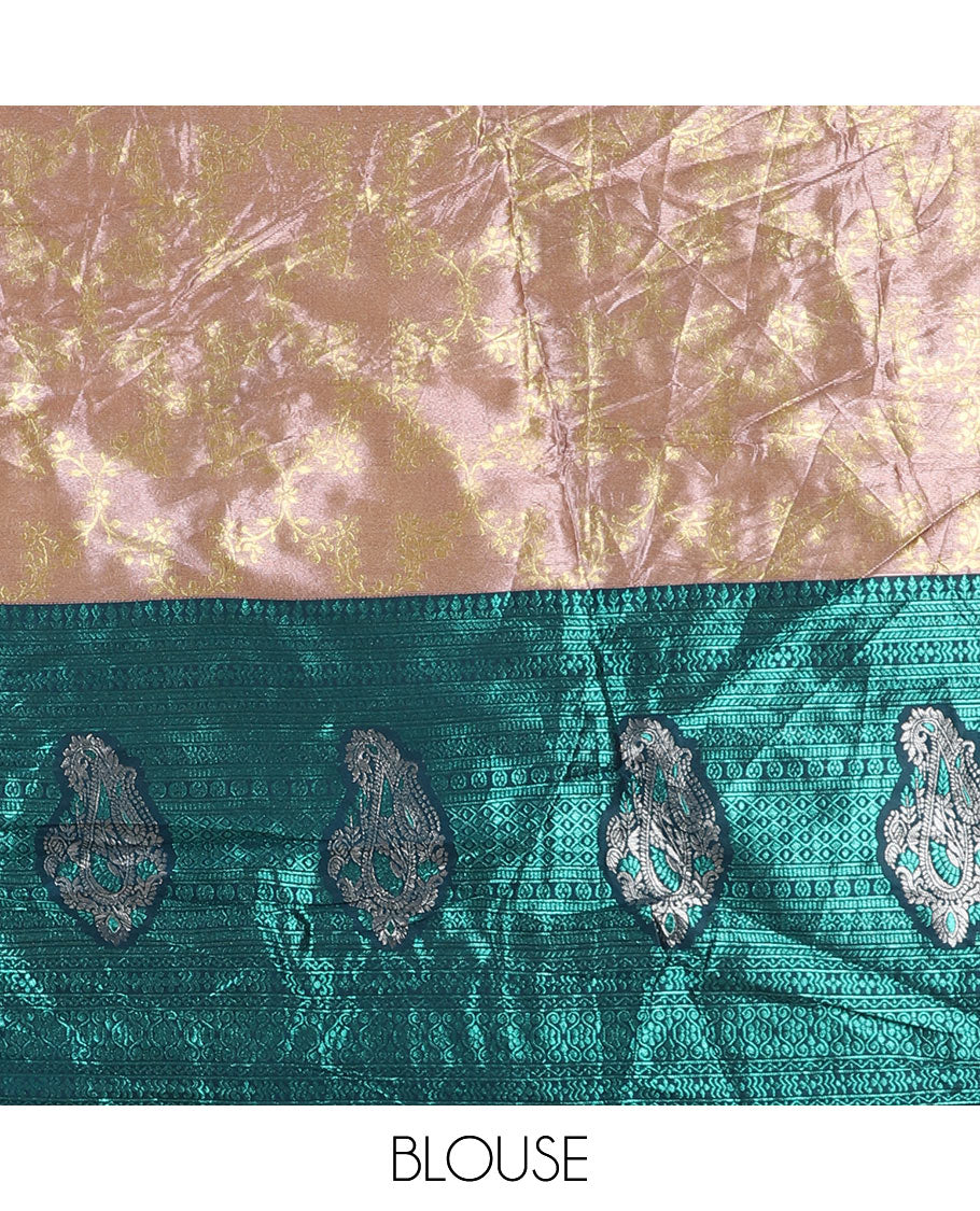 Peach-peacock half-saree, floral jaal jacquard banarasi skirt, contrast traditional zari stone work border,  matching blouse, and contrast scallop embroidered velvet organza dhavani