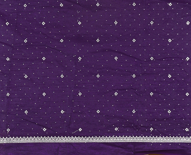 Violet half-saree, floral motifs embroidered semi raw silk top, matching embroidered blouse, and contrast scallop embroidered georgette dhavani