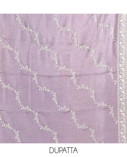 Purple Vichitra crush material chudidar set, thread & bead floral embroidery top, plain santoon bottom & floral thread embroidery dupatta