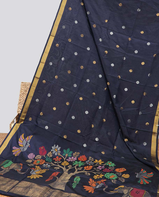 Black polka dot upadda silk saree with self zari border & floral, animal design pallu