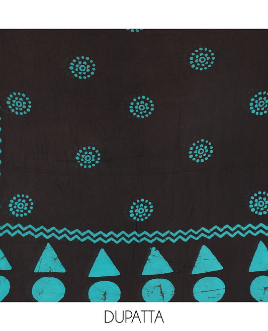 Black and blue viscose georgette material churidar set, geometric shapes batik hand block printed top, plain bottom, and batik hand block printed dupatta