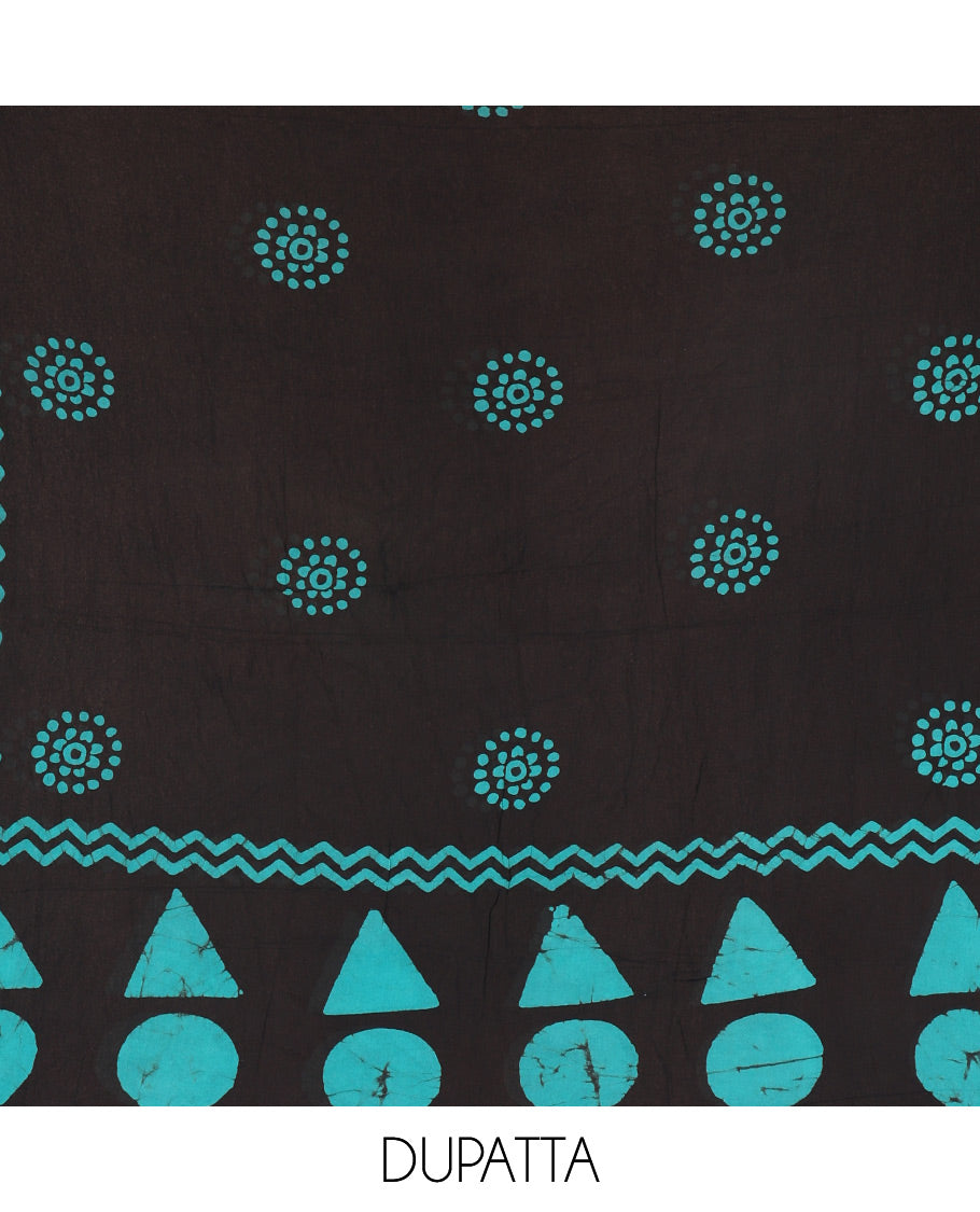 Black and blue viscose georgette material churidar set, geometric shapes batik hand block printed top, plain bottom, and batik hand block printed dupatta