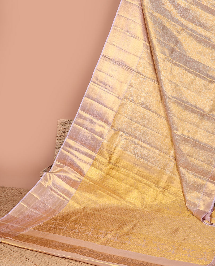 Lavender floral vine design kancheepuram tissue silk saree, self border of mayil, banaras, poo chakram design & intricate zari pallu