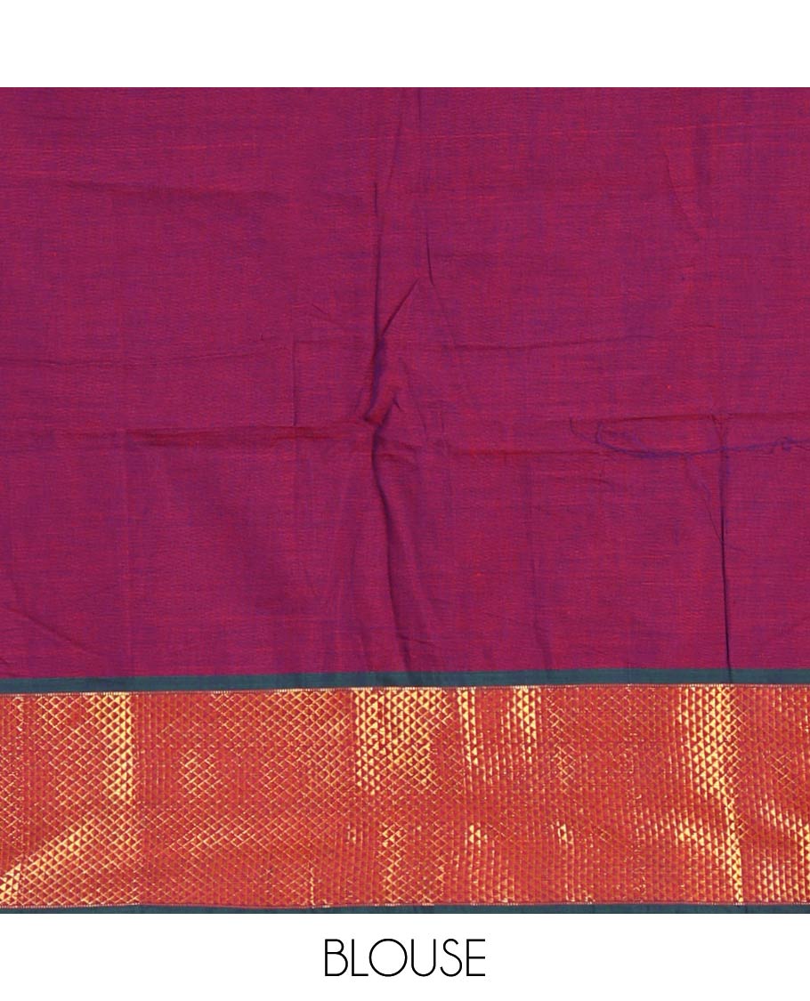 Magenta-green Mercerised cotton half-saree, plain with contrast arai madam border skirt, matching blouse & contrast arai madam border dhavani