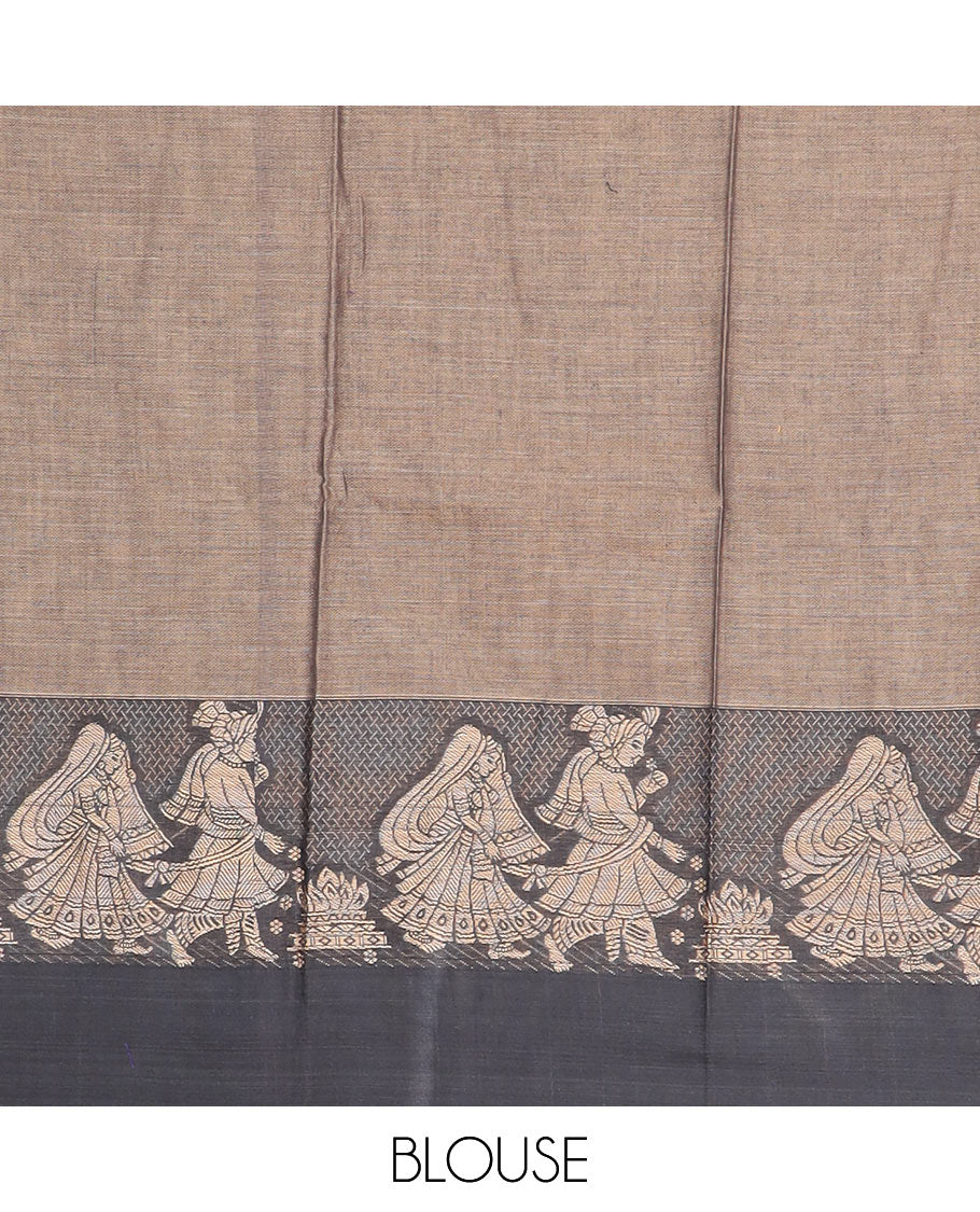 Grey cotton half saree with contrast wedding design border, wedding design blouse & plain dhavani