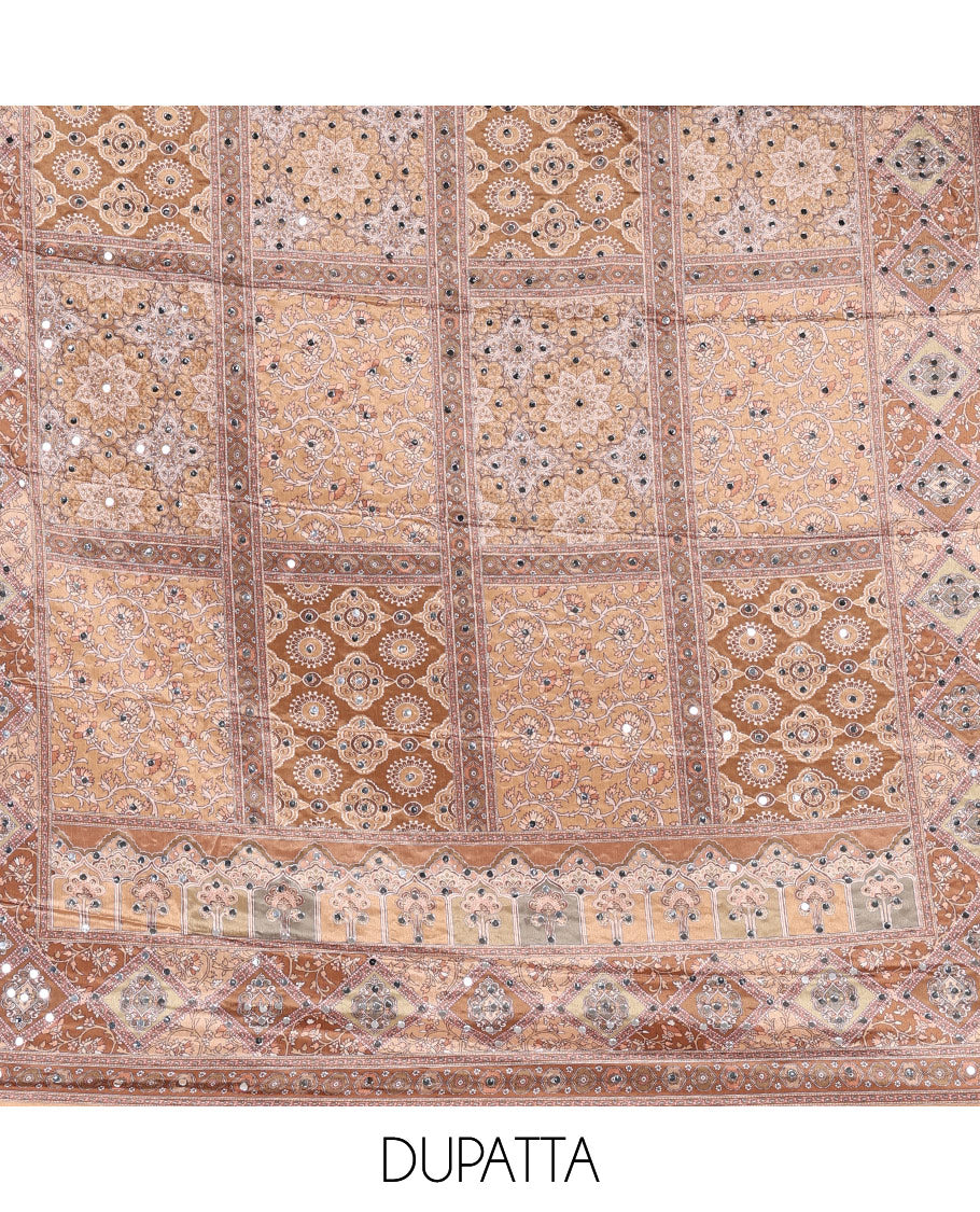 Chikku material chudidar set, intricately printed with original mirror work crepe top, Italian crepe bottom, and chinon digital print, mirror work dupatta