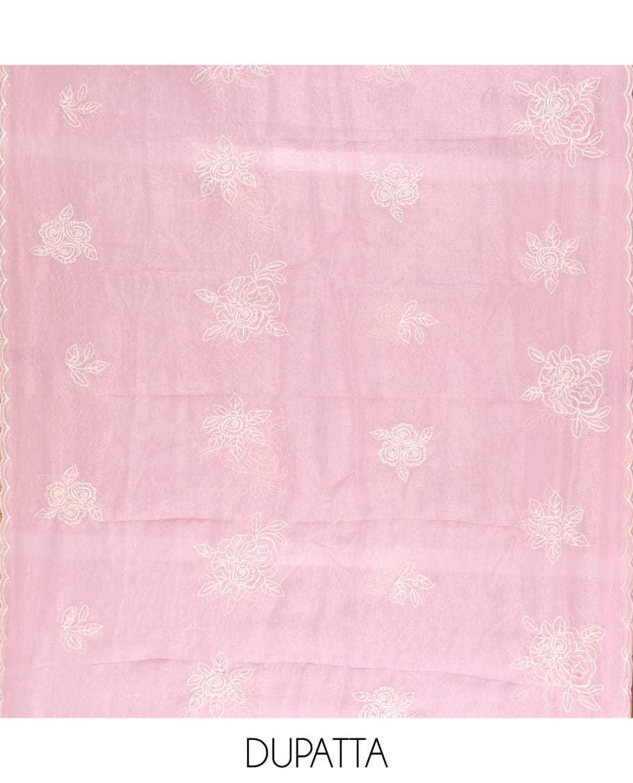 Light Purple Shimmer Georgette Material Chudidar Set, Finely Crafted with Floral Thread Embroidery on Its Top, a Plain Santoon Bottom, and Comes with a Floral Embroidered Shimmer Georgette Dupatta