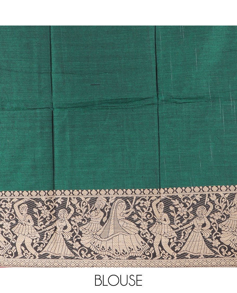 Green half-saree, plain with contrast human dancing motifs woven bordered skirt, matching blouse , and a contrast thin bordered dhavani