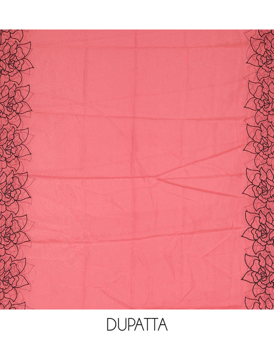 Black and rani pink organza material churidar set, Lucknowi chikankari floral vine embroidery top, plain bottom, and contrast floral embroidery dupatta