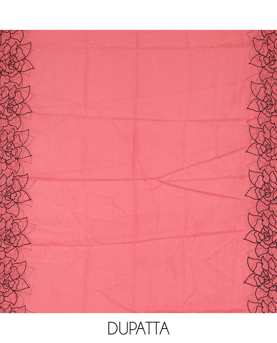 Black and rani pink organza material churidar set, Lucknowi chikankari floral vine embroidery top, plain bottom, and contrast floral embroidery dupatta