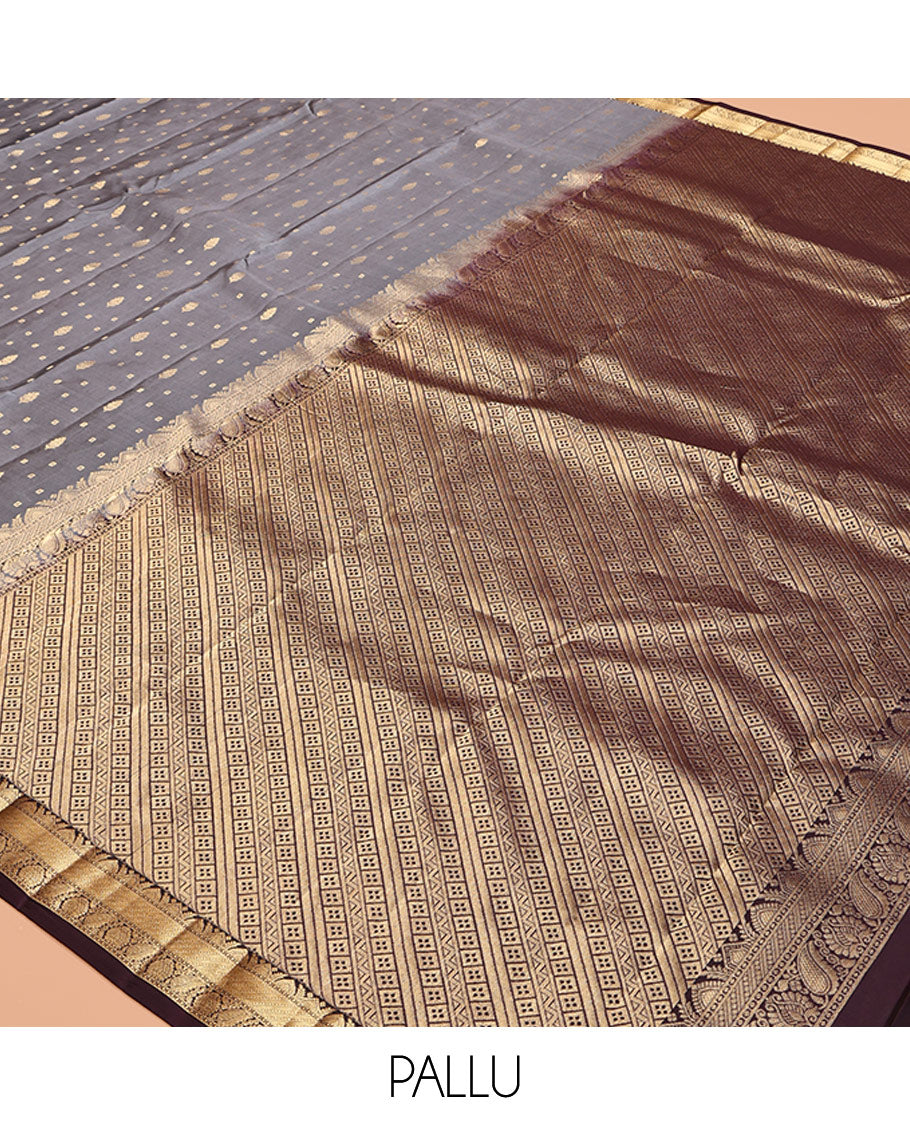 Grey Vasundhara Silk Saree, Subtly Sparkled with Zari Buttas, Contrast Traditional Zari Border, Geometric Pallu, and a Contrast Blouse
