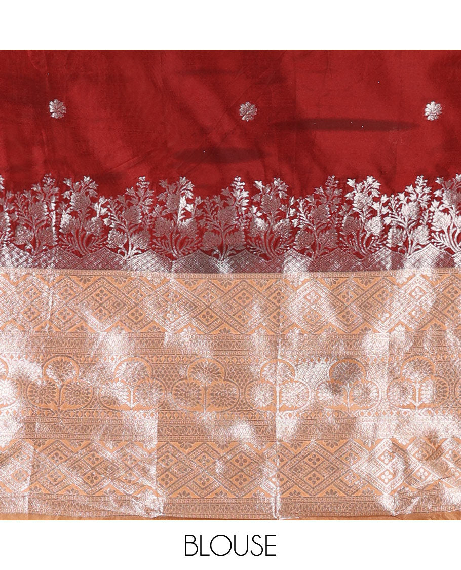 Maroon-peach taffeta silk half-saree, zari buttas & contrast floral-geometric zari border skirt, zari woven blouse & contrast zari woven dhavani