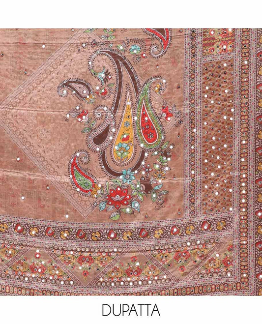 Fawn jacquard ajrak, stone, mirror work crepe chudidhar material top with american crepe pant & chinnon material ajrak digital print , mirror work dupatta