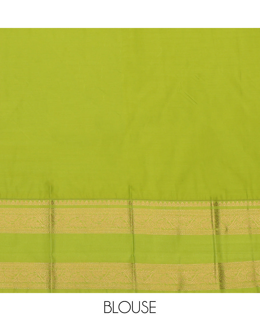 Green Budget Silk Saree, Accentuated with Zari Buttas, a Contrast Traditional Zari Rettai Pettu Border, Grand Pallu, and a Contrast Blouse