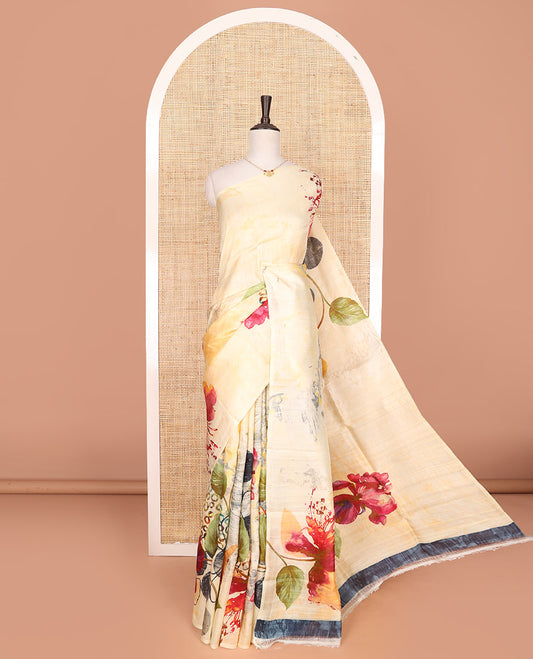 Borderless Pastel yellow-base printed saree with multi-colored floral motifs print