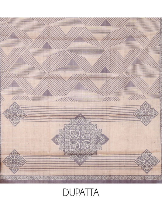 Grey semi-tussar material chudidar set, triangle printed top, heathered bottom & dupatta of triangle & four-petal floral print