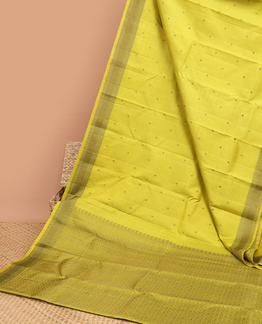 Green floral buttas kancheepuram silk saree with self border of thilakam mokku, muthu, banaras designs & zari design pallu