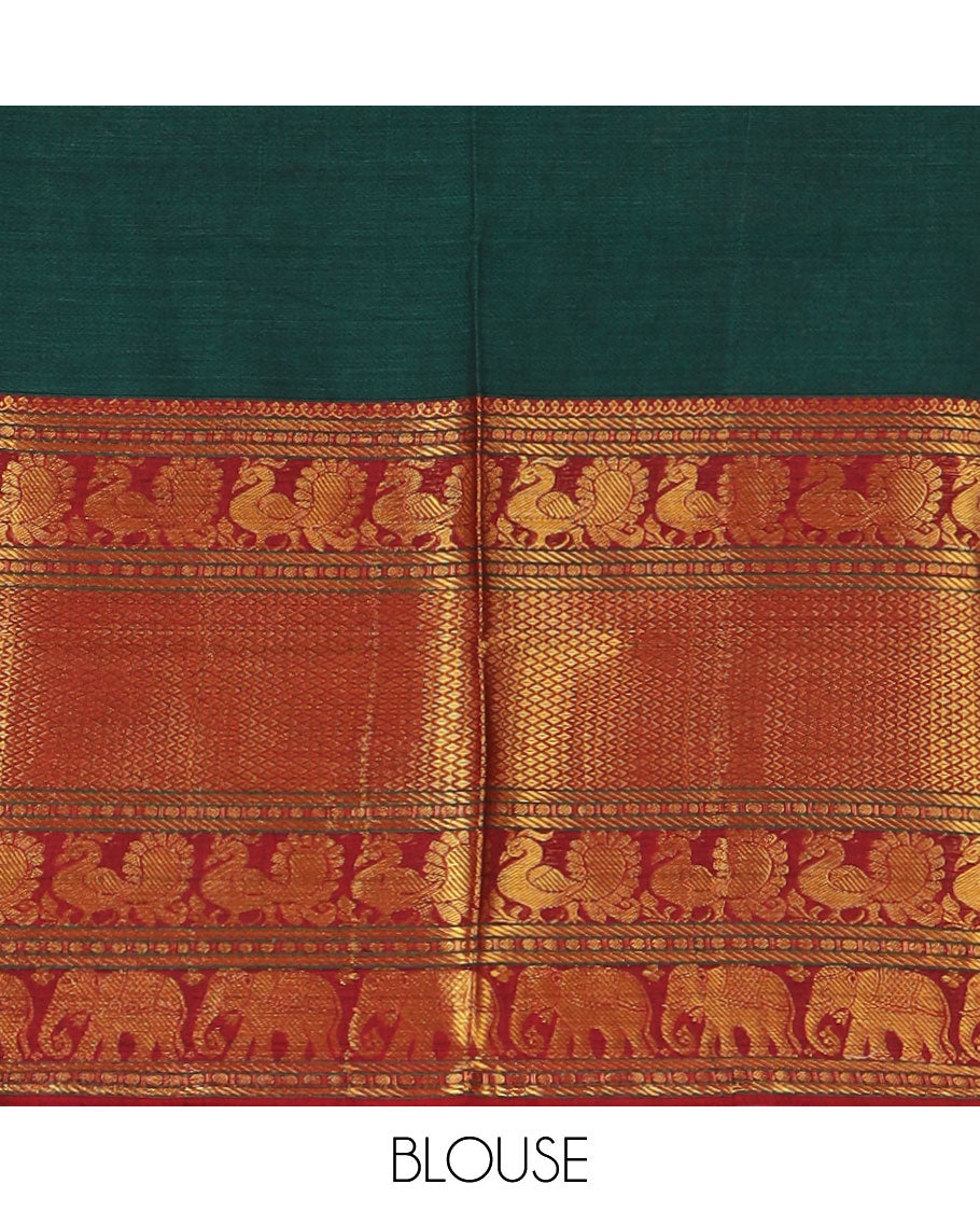 Green mercerised cotton zari border half saree with cotton blouse &amp; skya georgette one side zari border dhavani