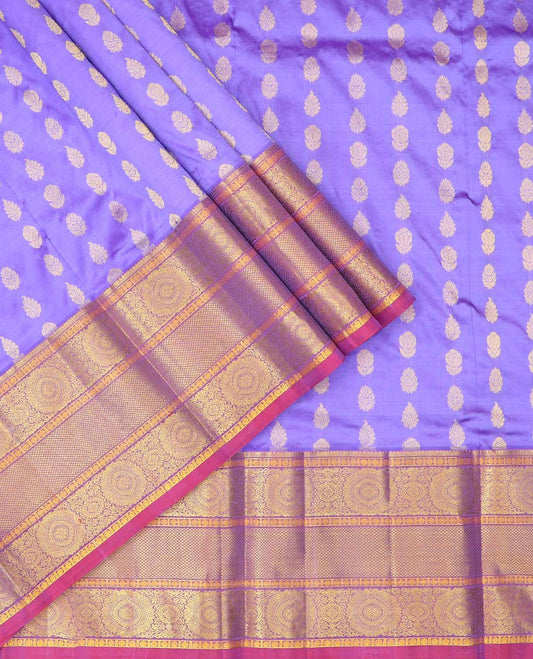Blue floral buttas pure silk half saree with contrast zari border,  contrast zari design blouse & plain with zari border dhavani