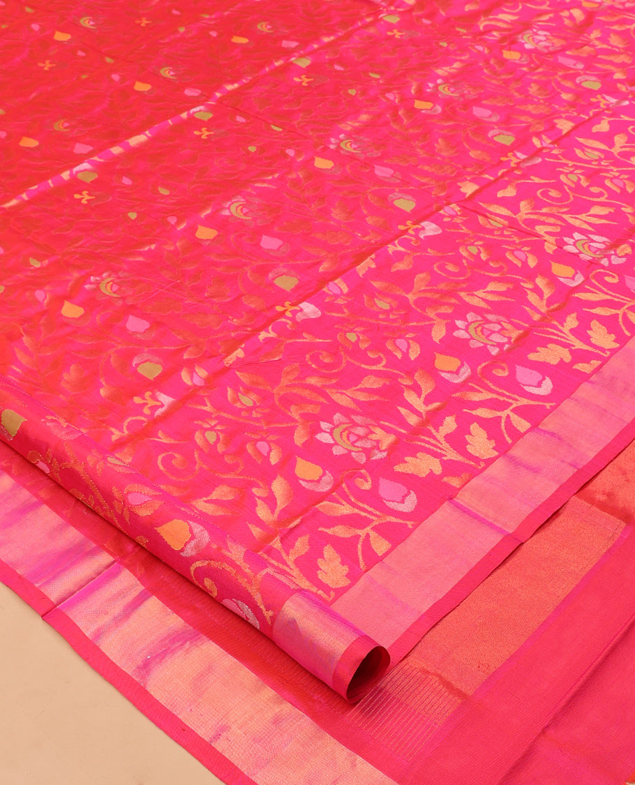 Rani Pink Uppada Saree, Enriched with Floral Vine Weave, a Subtle Zari Border, a Gleaming Zari Pallu, and a Matching Blouse