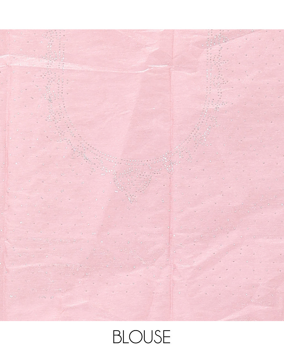 Pink Banarasi Half-Saree, Finely Crafted with Bead Work Skirt, a Contrast Stone Work Border, Matching Blouse, and Contrast Scallop Stone Work Dupatta