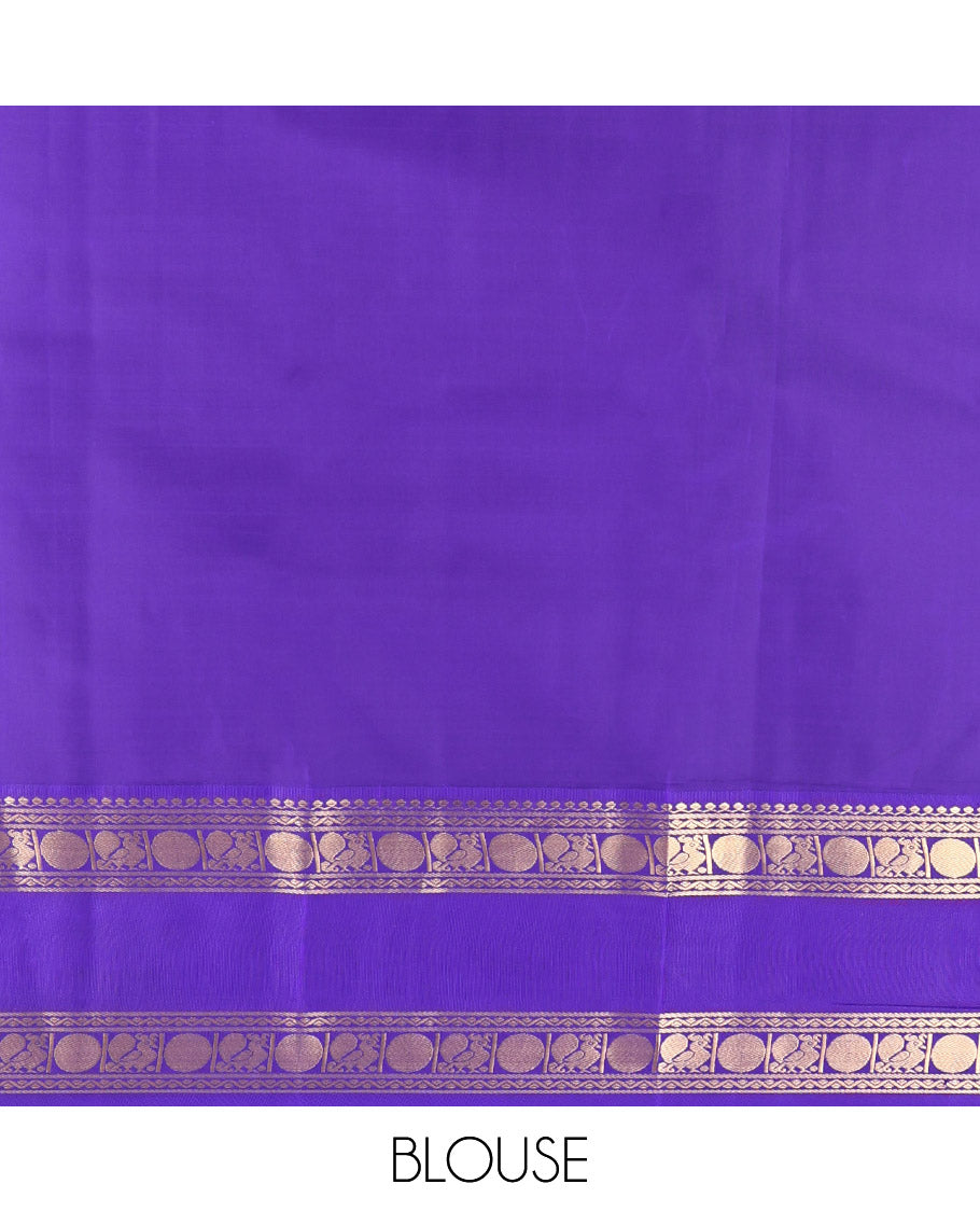 Cream Vasundhara Lite Silk Mix Saree, Subtly Sparkled with Zari Buttas, a Contrast Rettai Pettu Border of Thilakam Mokku, Neli, Mayil, and Poun, Intricate Pallu, and a Contrast Blouse