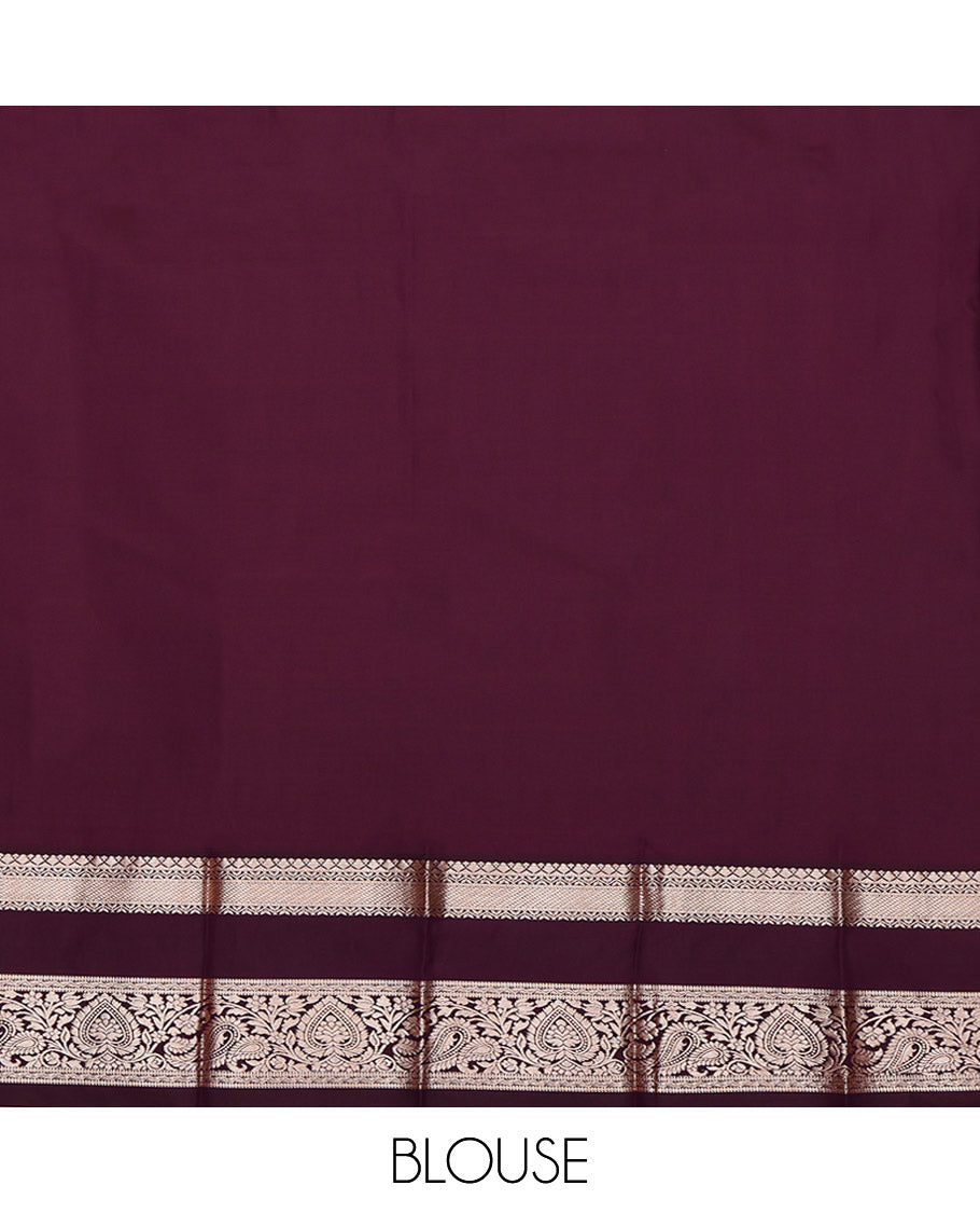 Orange Budget Silk Saree, Spotlighted with Zari Buttas All Over Its Body, Complemented by a Contrast Traditional Zari Design Rettai Pettu Border, Grandly Zari Woven Pallu, and Paired with a Contrast Blouse